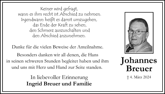 Traueranzeige von Johannes Breuer von Peiner Allgemeine Zeitung