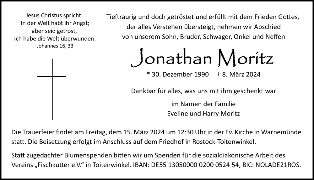  Traueranzeige für Jonathan Moritz vom 13.03.2024 aus Ostsee-Zeitung GmbH