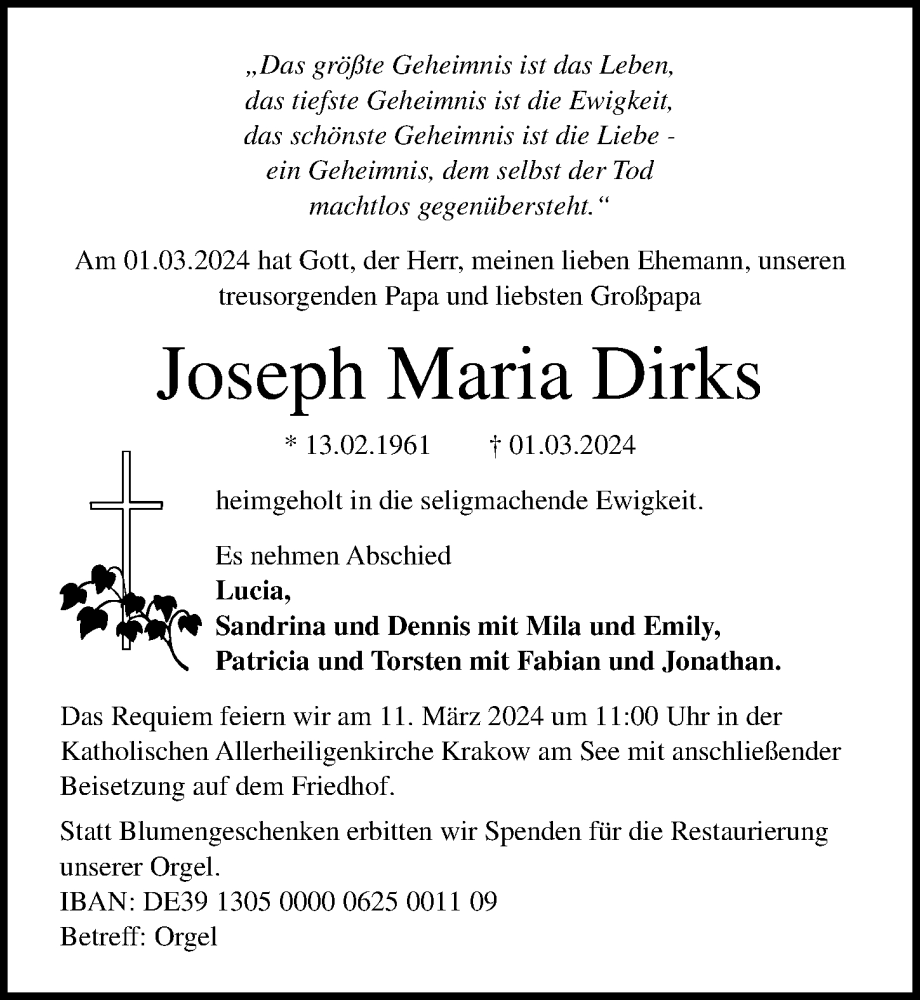  Traueranzeige für Joseph Maria Dirks vom 06.03.2024 aus Ostsee-Zeitung GmbH