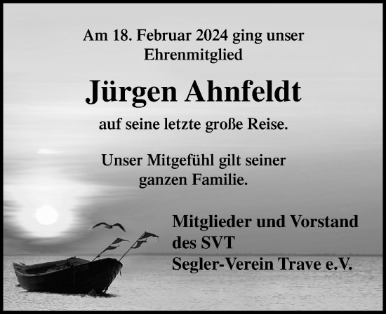 Traueranzeige von Jürgen Ahnfeldt von Lübecker Nachrichten