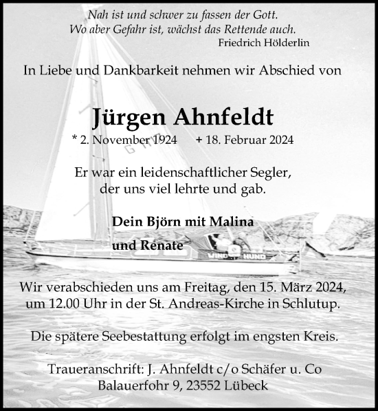 Traueranzeige von Jürgen Ahnfeldt von Lübecker Nachrichten