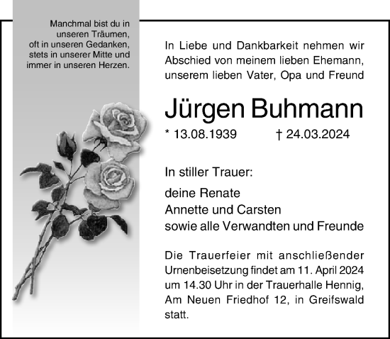 Traueranzeige von Jürgen Buhmann von Ostsee-Zeitung GmbH