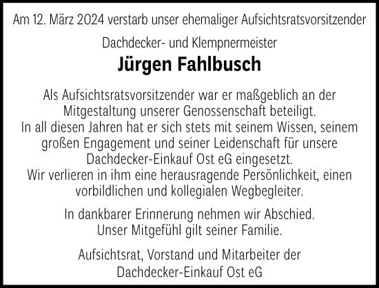 Traueranzeige von Jürgen Fahlbusch von Hannoversche Allgemeine Zeitung/Neue Presse