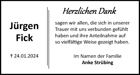 Traueranzeige von Jürgen Fick von Lübecker Nachrichten