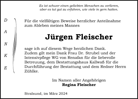Traueranzeige von Jürgen Fleischer von Ostsee-Zeitung GmbH