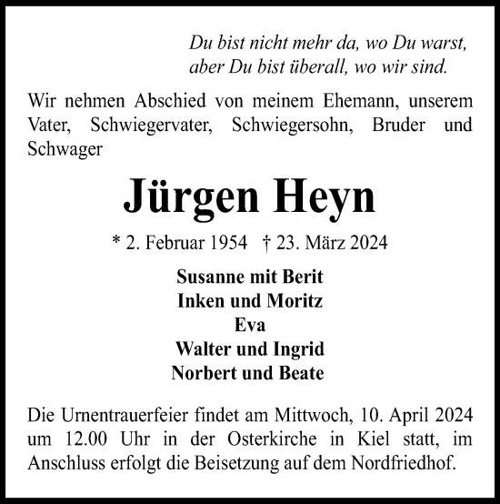 Traueranzeige von Jürgen Heyn von Kieler Nachrichten