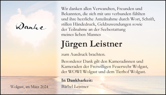 Traueranzeige von Jürgen Leistner von Ostsee-Zeitung GmbH