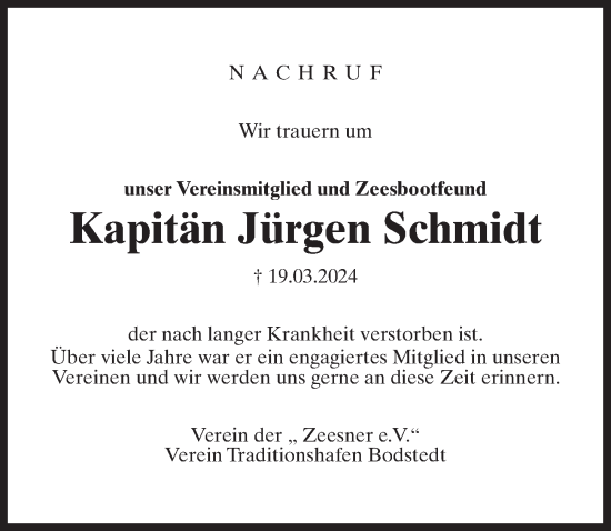 Traueranzeige von Jürgen Schmidt von Ostsee-Zeitung GmbH