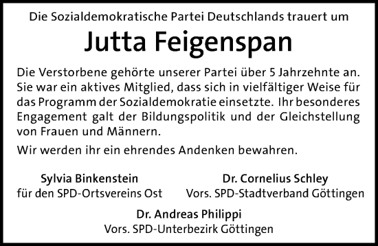 Traueranzeige von Jutta Feigenspan von Göttinger Tageblatt