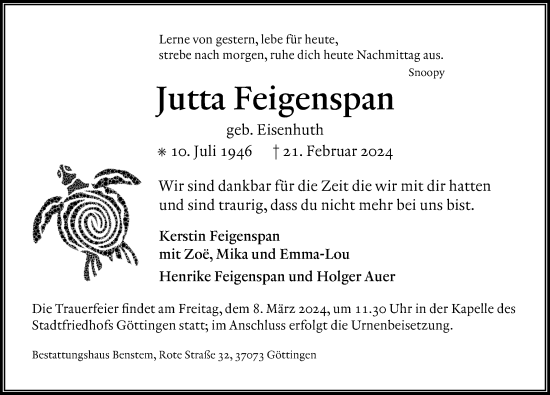 Traueranzeige von Jutta Feigenspan von Göttinger Tageblatt