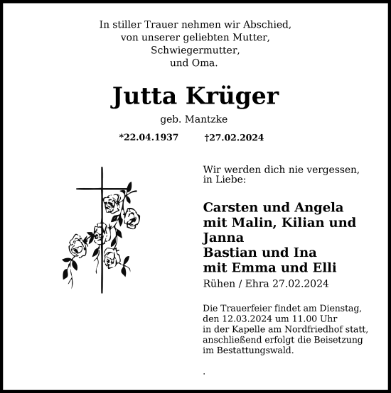 Traueranzeige von Jutta Krüger von Aller Zeitung