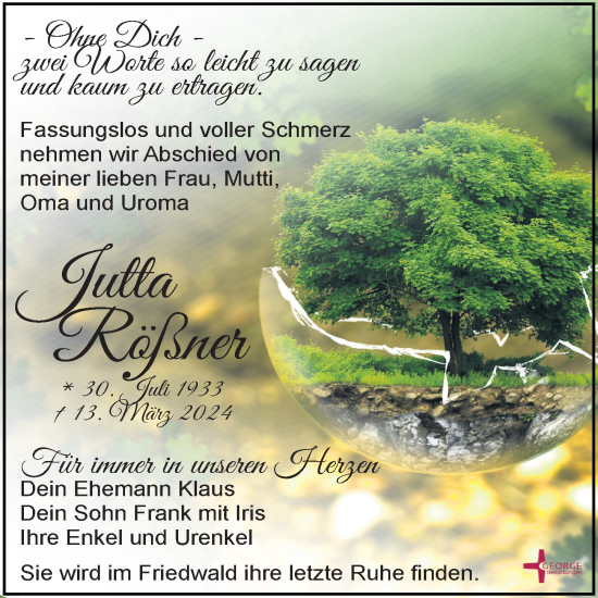 Traueranzeige von Jutta Rößner von Leipziger Volkszeitung