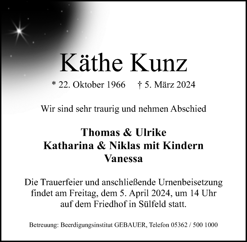  Traueranzeige für Käthe Kunz vom 09.03.2024 aus Aller Zeitung