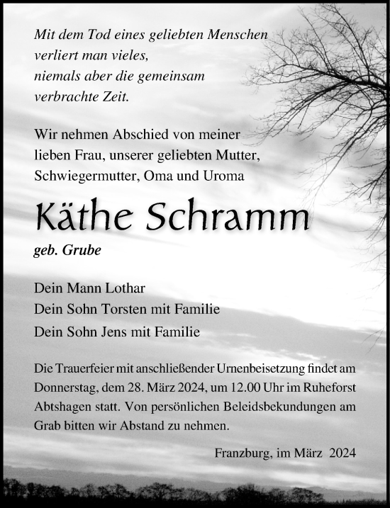 Traueranzeige von Käthe Schramm von Ostsee-Zeitung GmbH