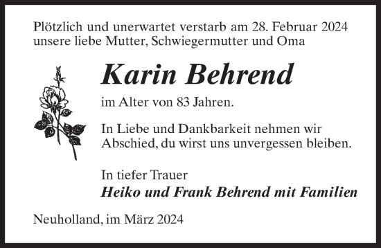 Traueranzeige von Karin Behrend von Märkischen Allgemeine Zeitung