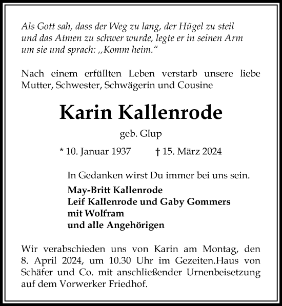 Traueranzeige von Karin Kallenrode von Lübecker Nachrichten