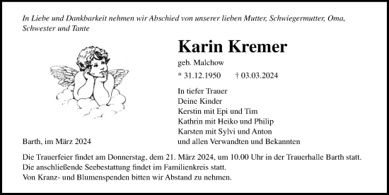Traueranzeige von Karin Kremer von Ostsee-Zeitung GmbH