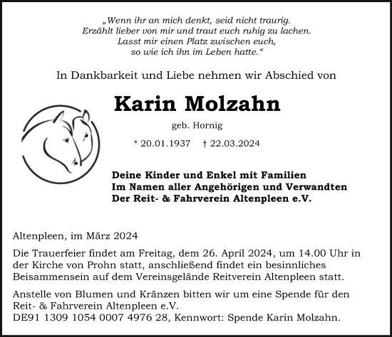 Traueranzeige von Karin Molzahn von Ostsee-Zeitung GmbH