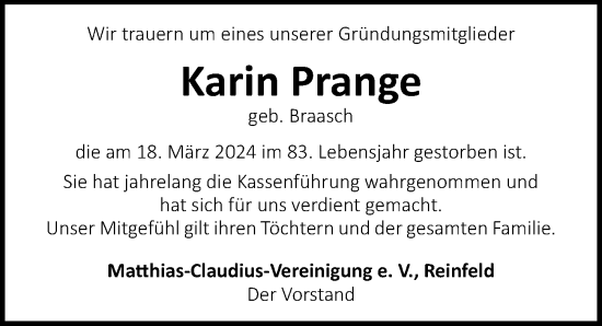 Traueranzeige von Karin Prange von Lübecker Nachrichten