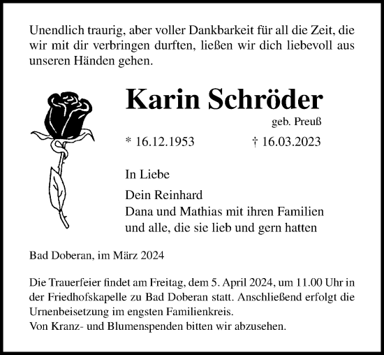 Traueranzeige von Karin Schröder von Ostsee-Zeitung GmbH