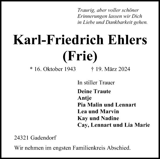 Traueranzeige von Karl-Friedrich Ehlers von Kieler Nachrichten