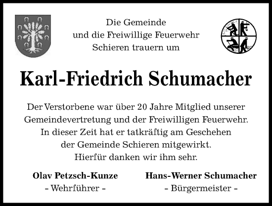 Traueranzeige von Karl-Friedrich Schumacher von Kieler Nachrichten