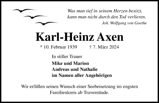 Traueranzeige von Karl-Heinz Axen von Lübecker Nachrichten