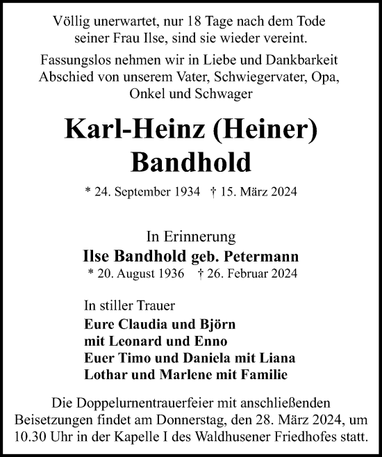Traueranzeige von Karl-Heinz Bandhold von Lübecker Nachrichten