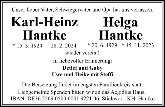 Traueranzeige von Karl-Heinz Hantke von Hannoversche Allgemeine Zeitung/Neue Presse