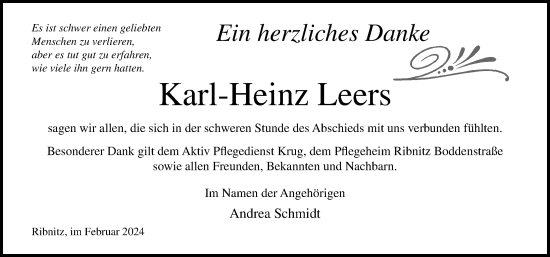 Traueranzeige von Karl-Heinz Leers von Ostsee-Zeitung GmbH