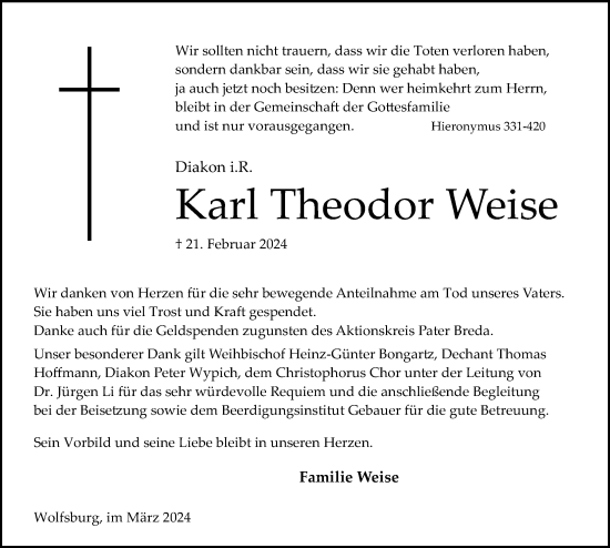 Traueranzeige von Karl Theodor Weise von Aller Zeitung