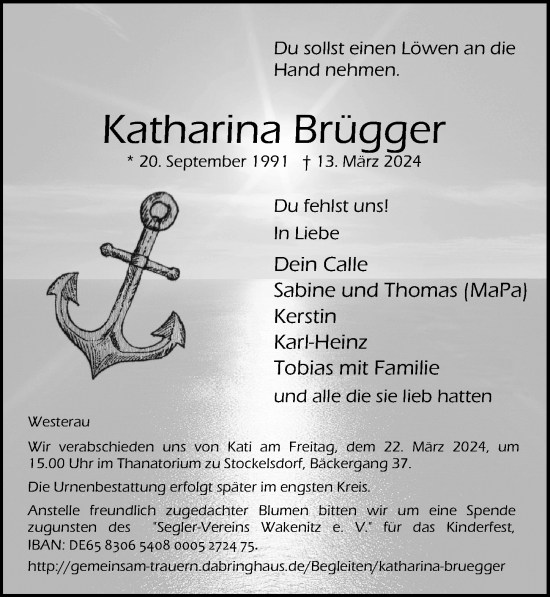 Traueranzeige von Katharina Brügger von Lübecker Nachrichten