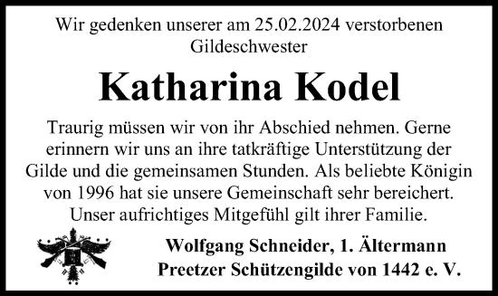 Traueranzeige von Katharina Kodel von Kieler Nachrichten