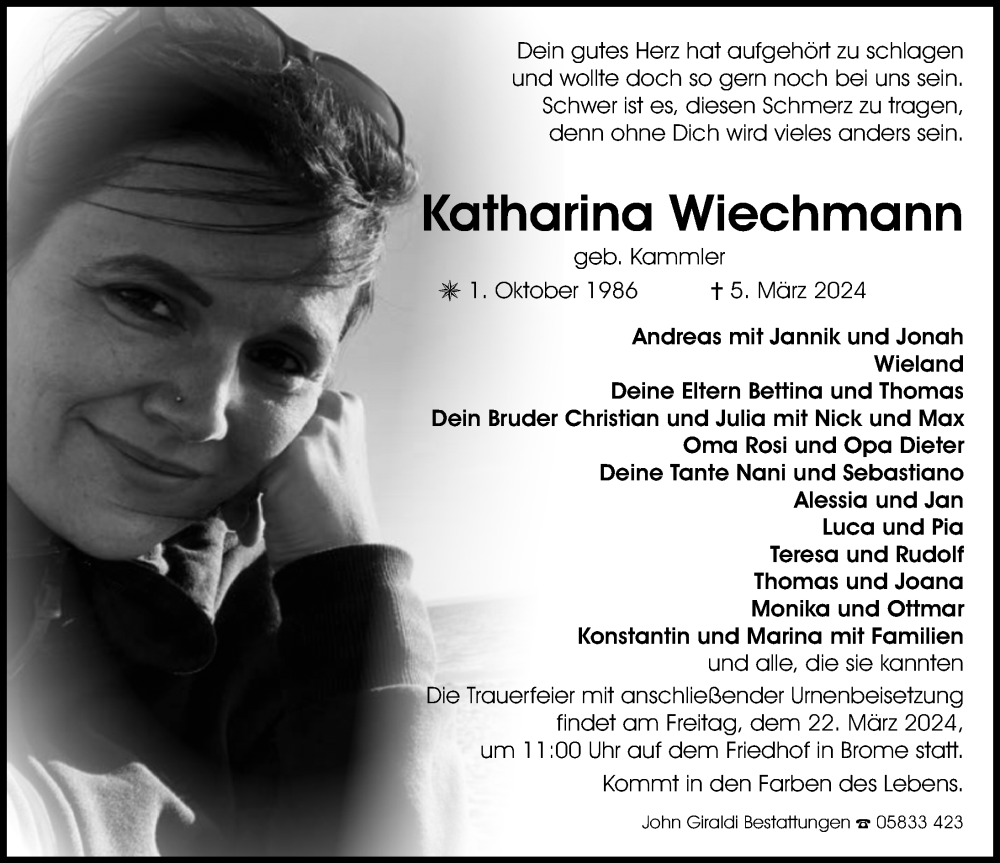  Traueranzeige für Katharina Wiechmann vom 16.03.2024 aus Aller Zeitung