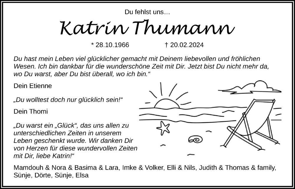  Traueranzeige für Katrin Thumann vom 16.03.2024 aus Kieler Nachrichten