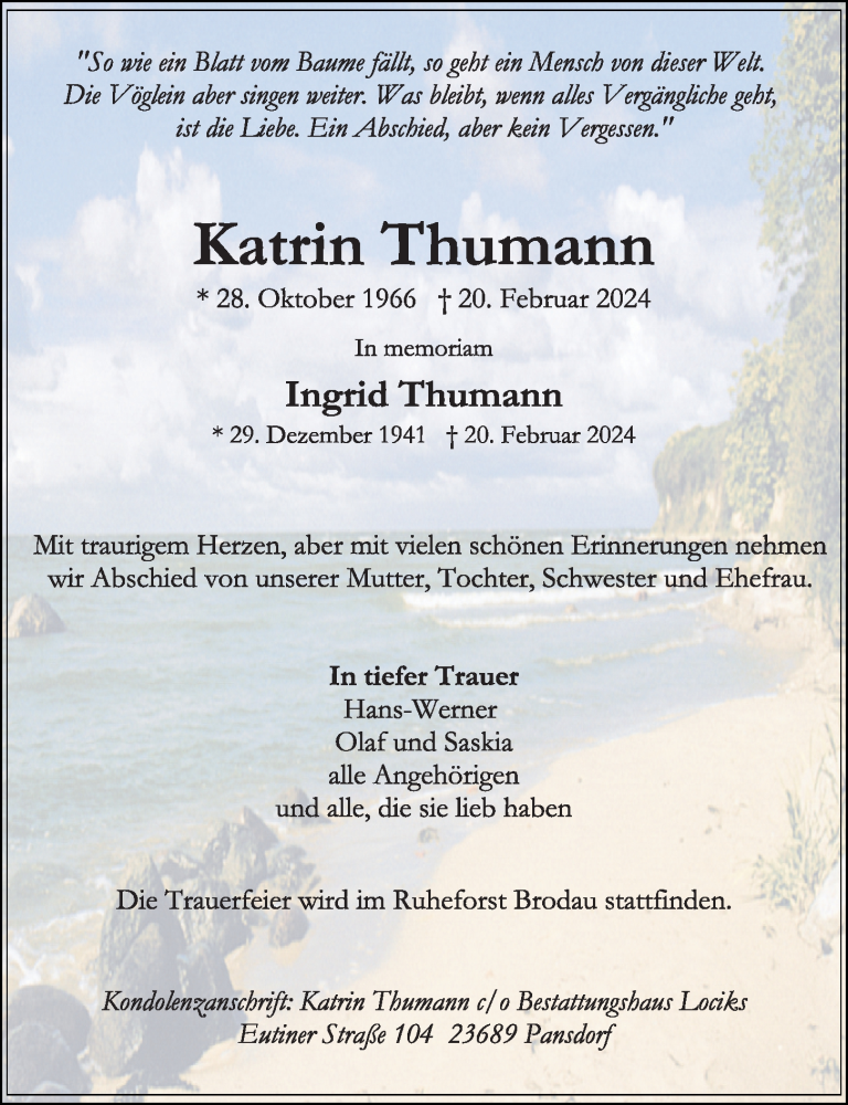  Traueranzeige für Katrin Thumann vom 16.03.2024 aus Kieler Nachrichten