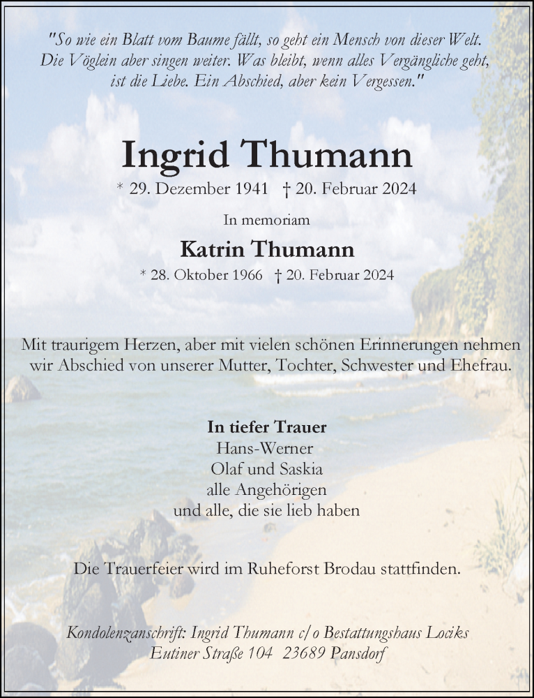  Traueranzeige für Katrin Thumann vom 17.03.2024 aus Lübecker Nachrichten