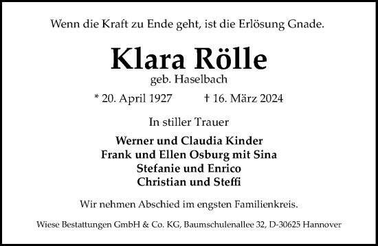 Traueranzeige von Klara Rölle von Hannoversche Allgemeine Zeitung/Neue Presse