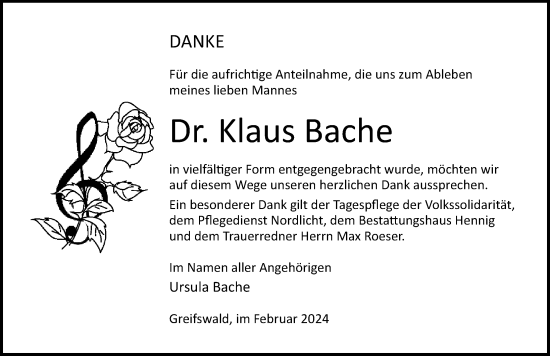 Traueranzeige von Klaus Bache von Ostsee-Zeitung GmbH