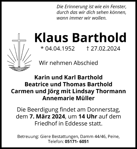 Traueranzeige von Klaus Barthold von Peiner Allgemeine Zeitung