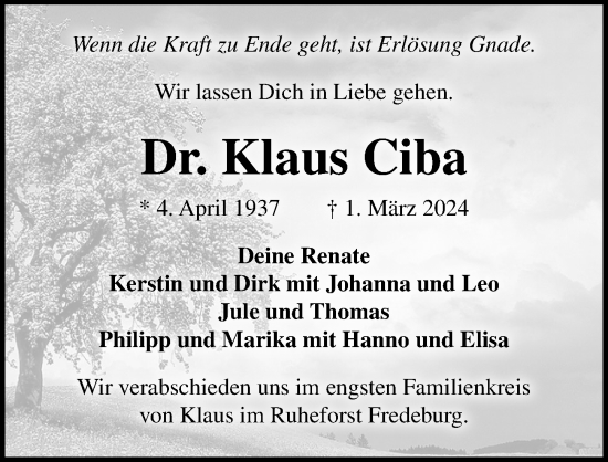 Traueranzeige von Klaus Ciba von Lübecker Nachrichten