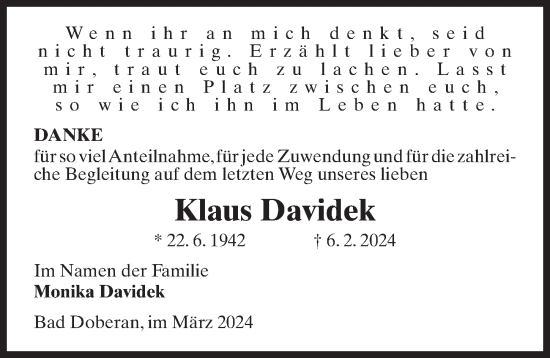 Traueranzeige von Klaus Davidek von Ostsee-Zeitung GmbH