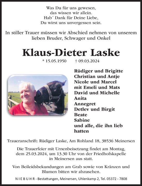 Traueranzeige von Klaus-Dieter Laske von Aller Zeitung