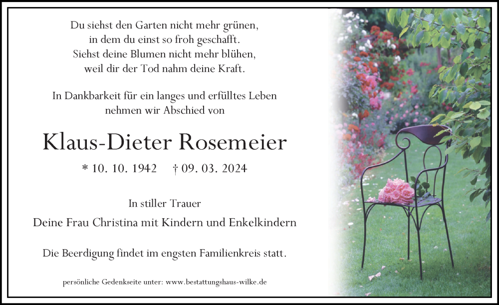  Traueranzeige für Klaus-Dieter Rosemeier vom 16.03.2024 aus Märkischen Allgemeine Zeitung