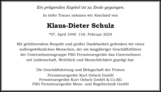 Traueranzeige von Klaus-Dieter Schulz von Märkischen Allgemeine Zeitung