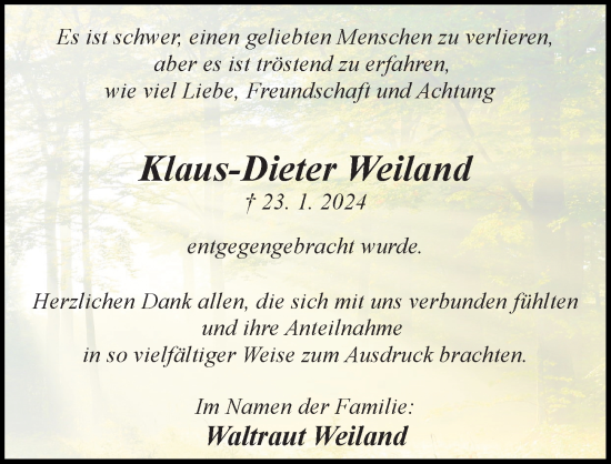 Traueranzeige von Klaus-Dieter Weiland von Hannoversche Allgemeine Zeitung/Neue Presse