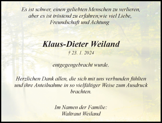Traueranzeige von Klaus-Dieter Weiland von Hannoversche Allgemeine Zeitung/Neue Presse
