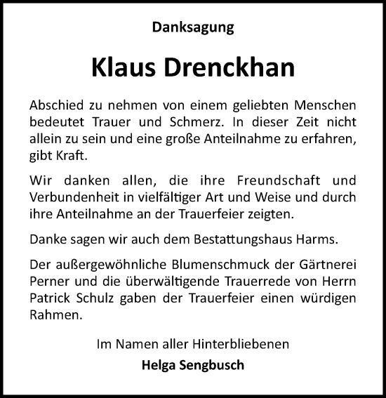 Traueranzeige von Klaus Drenckhan von Ostsee-Zeitung GmbH