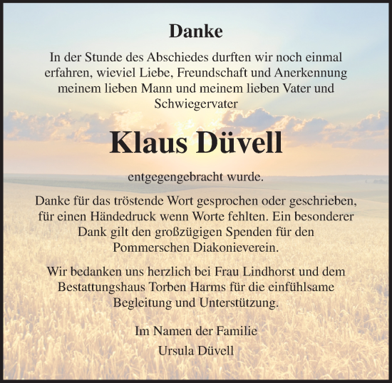 Traueranzeige von Klaus Düvell von Ostsee-Zeitung GmbH