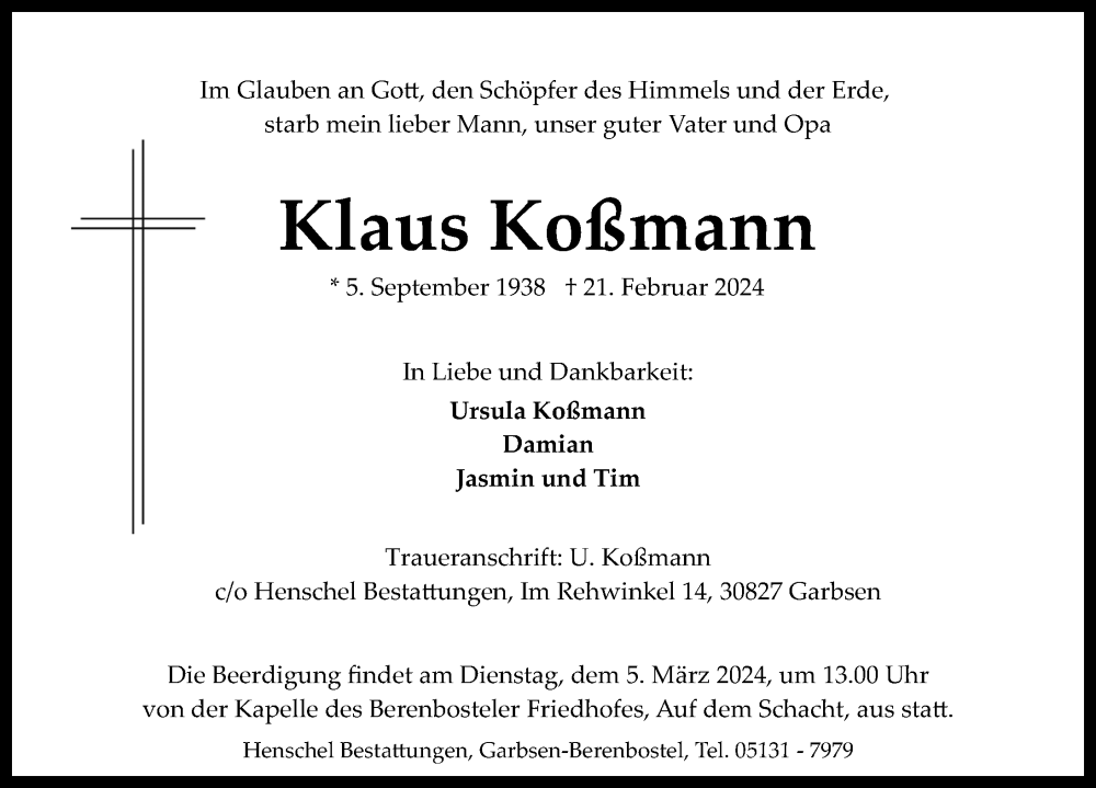  Traueranzeige für Klaus Koßmann vom 02.03.2024 aus Hannoversche Allgemeine Zeitung/Neue Presse